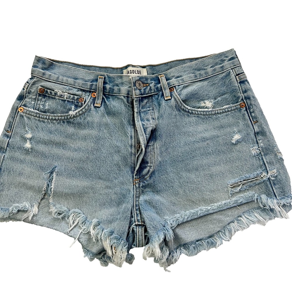 Agolde Cut-Off Short Women 29 Blue Denim Medium Wash 5-Pocket Distressed Raw Hem